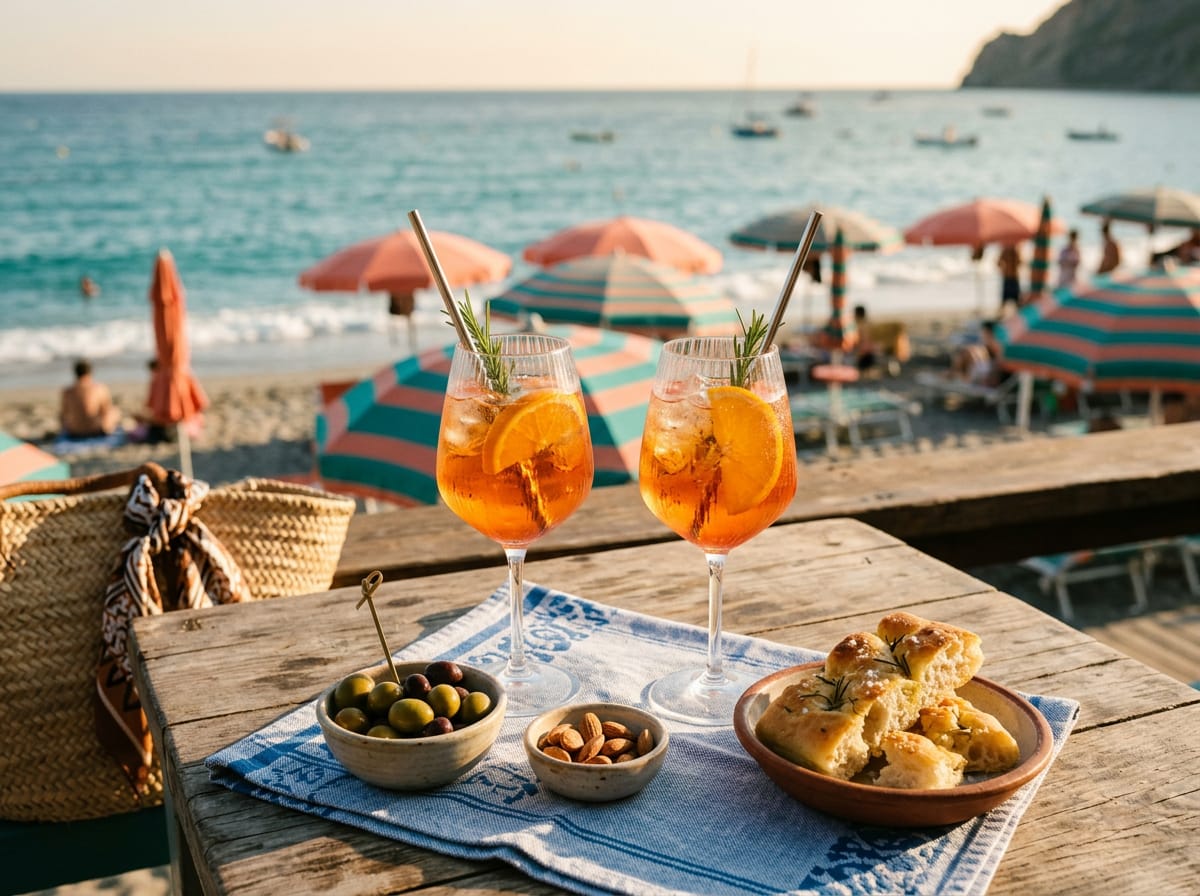 Spritz cocktails and snacks on a wooden table by the beach