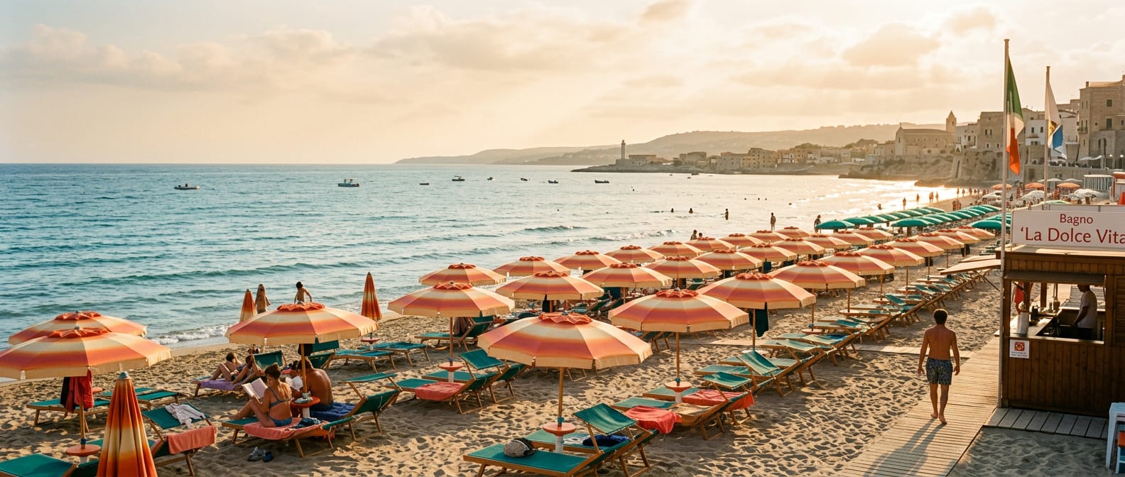 Rows of orange and cream sun umbrellas on the Adriatic sand at golden hour