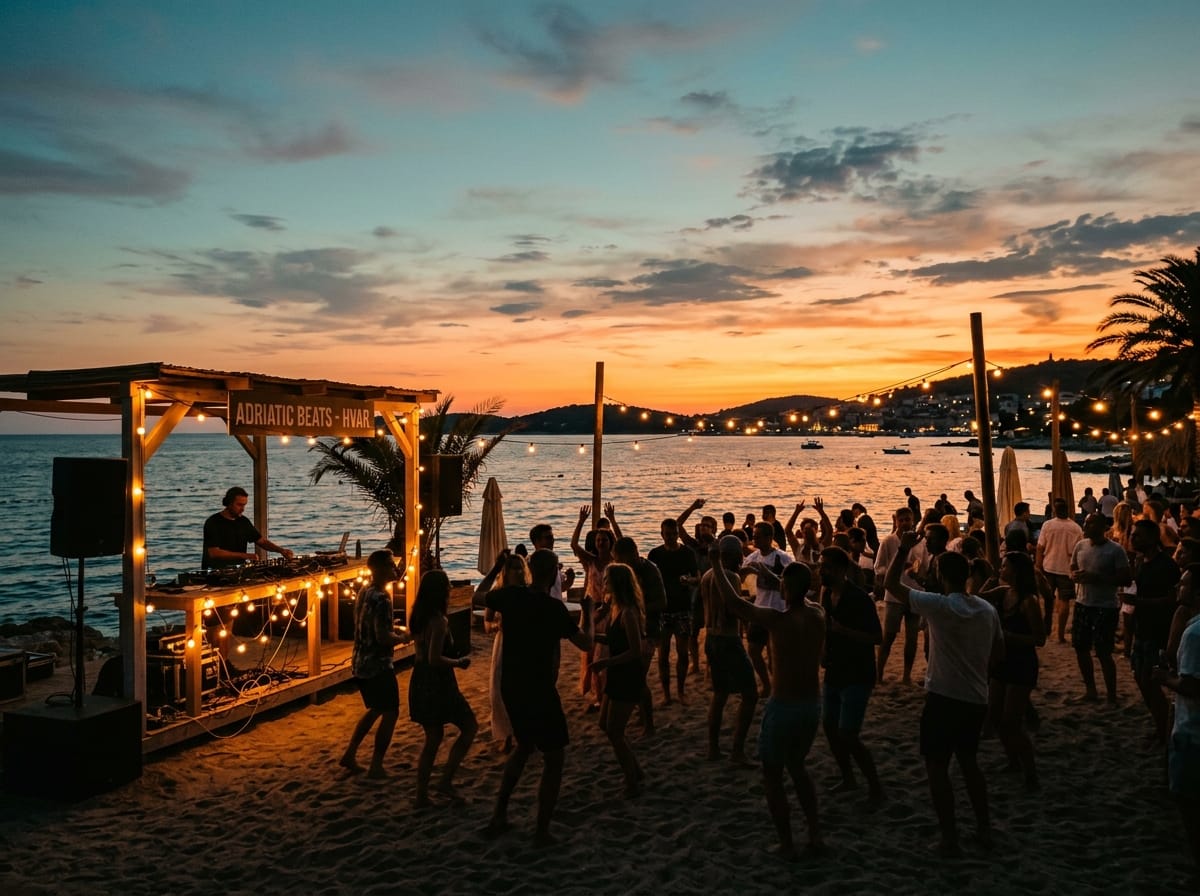 Silhouettes dancing at a beach club sunset party under string lights