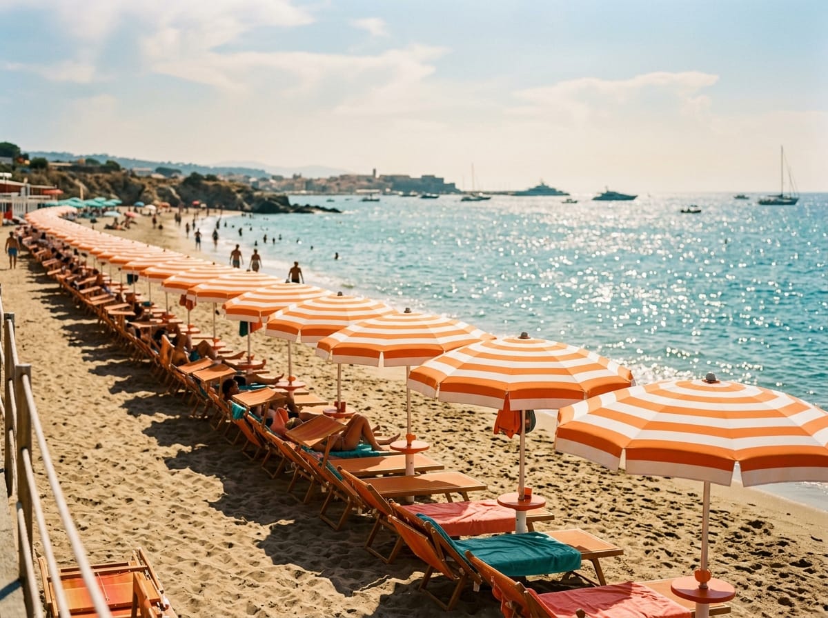 A neat row of orange umbrellas and loungers on the Adriatic sand